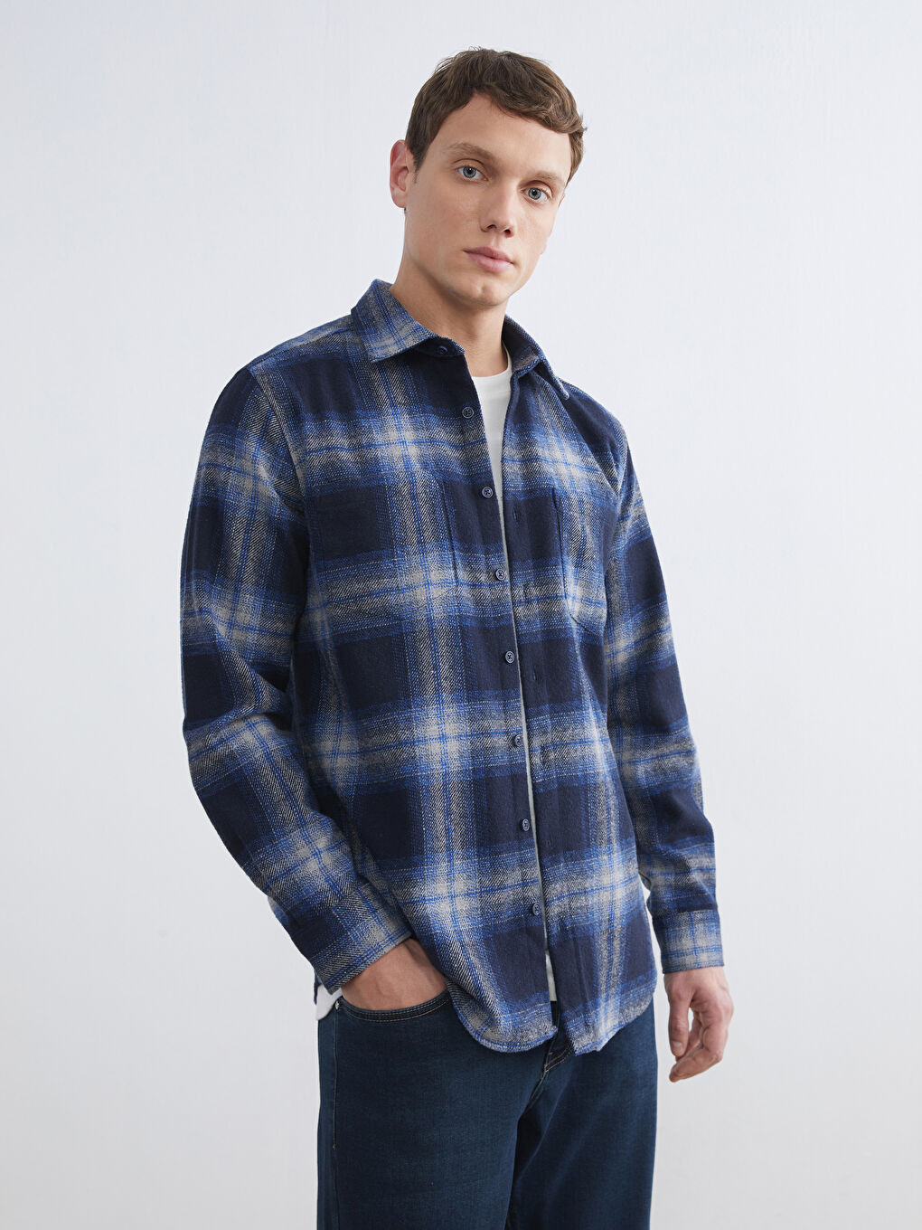 Petrol Regular Fit Ekose Gabardin Erkek Gömlek