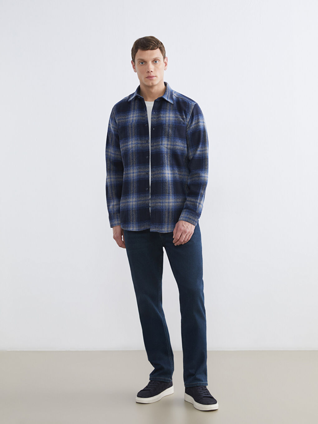 Petrol Regular Fit Ekose Gabardin Erkek Gömlek-1