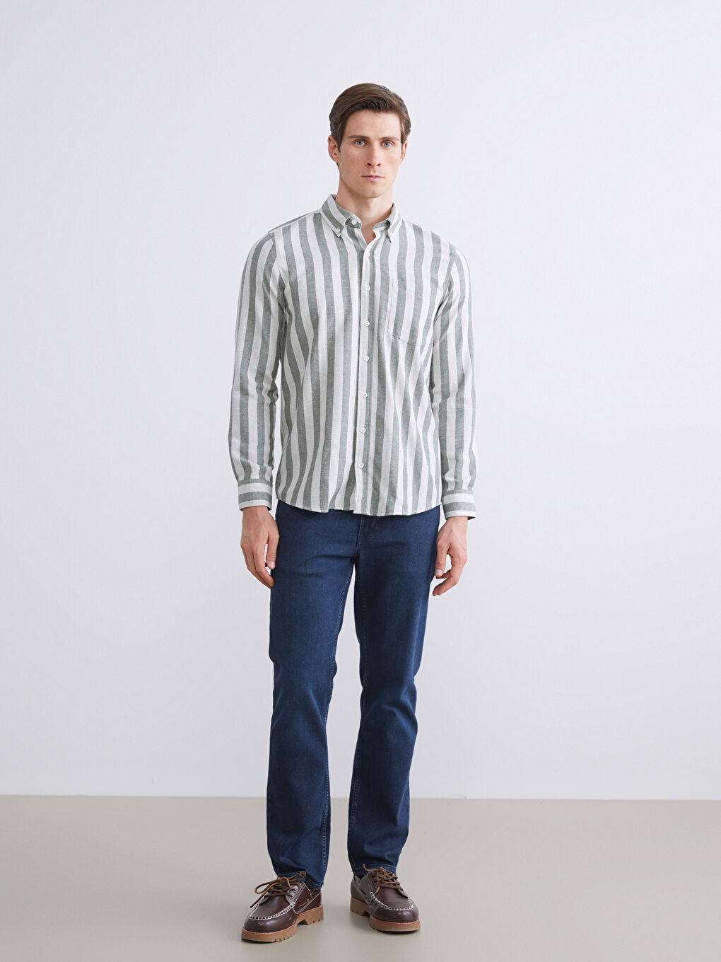 Haki Regular Fit Uzun Kollu Çizgili Erkek Gömlek-1