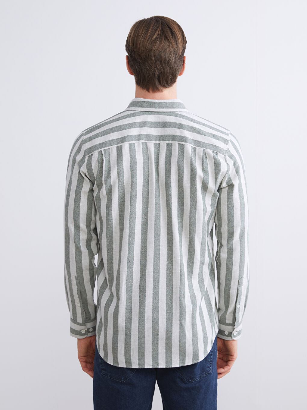 Haki Regular Fit Uzun Kollu Çizgili Erkek Gömlek-3