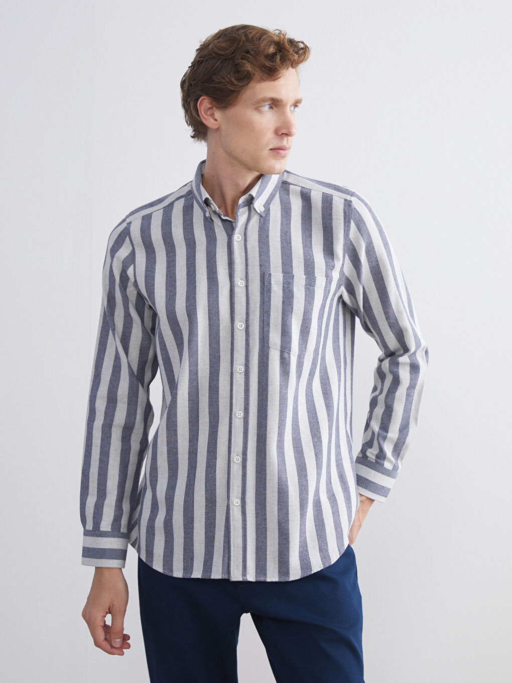 İndigo Regular Fit Uzun Kollu Çizgili Erkek Gömlek-1