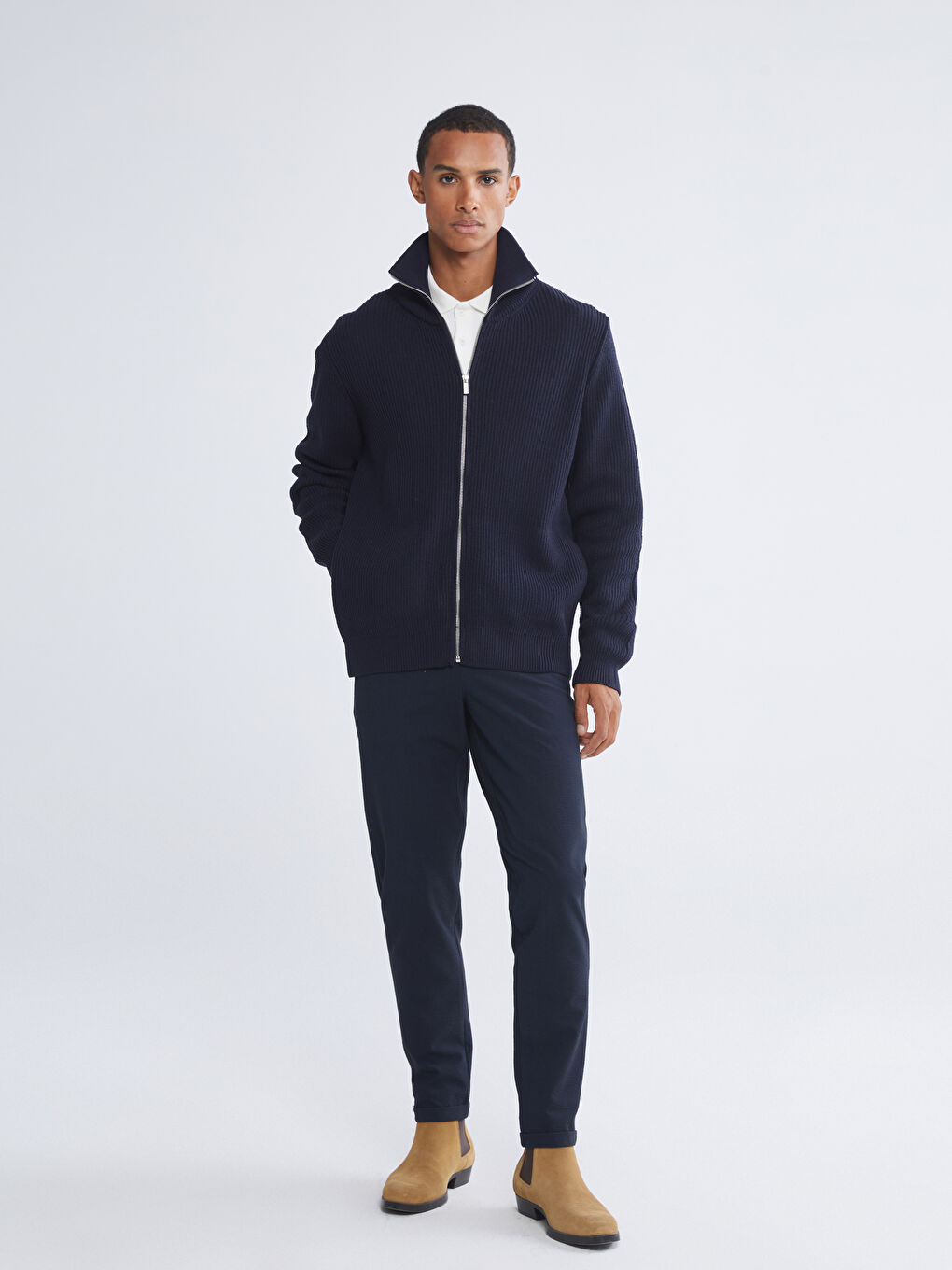 Lacivert Standart Kalıp Dik Yaka Erkek Triko Hırka-1