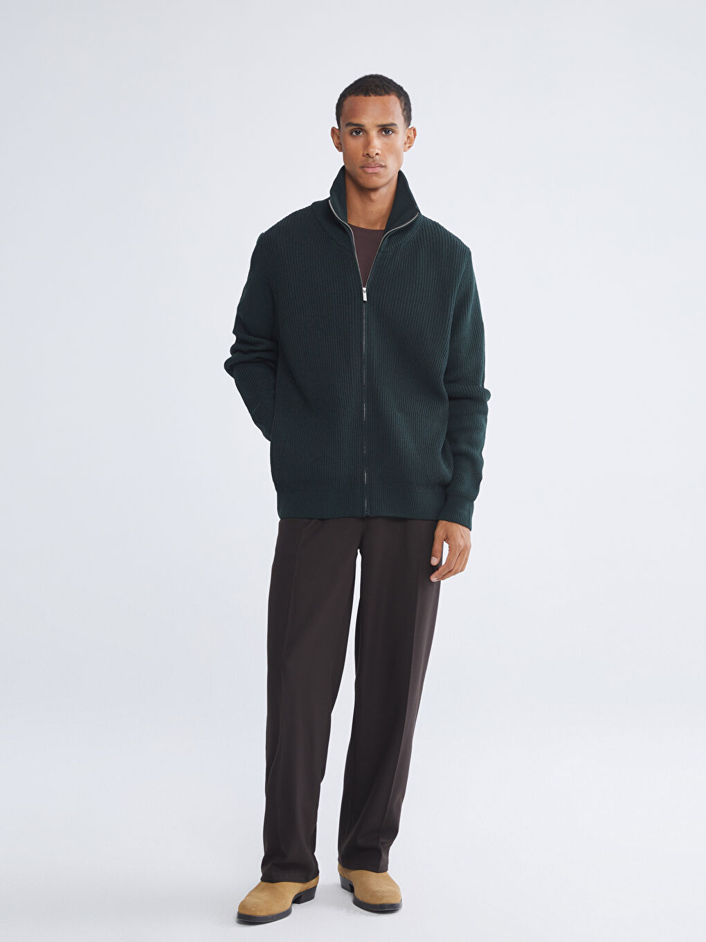 Yeşil Standart Kalıp Dik Yaka Erkek Triko Hırka-1