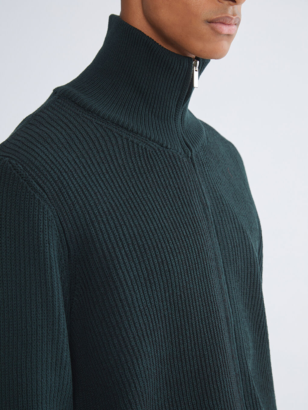 Yeşil Standart Kalıp Dik Yaka Erkek Triko Hırka-2