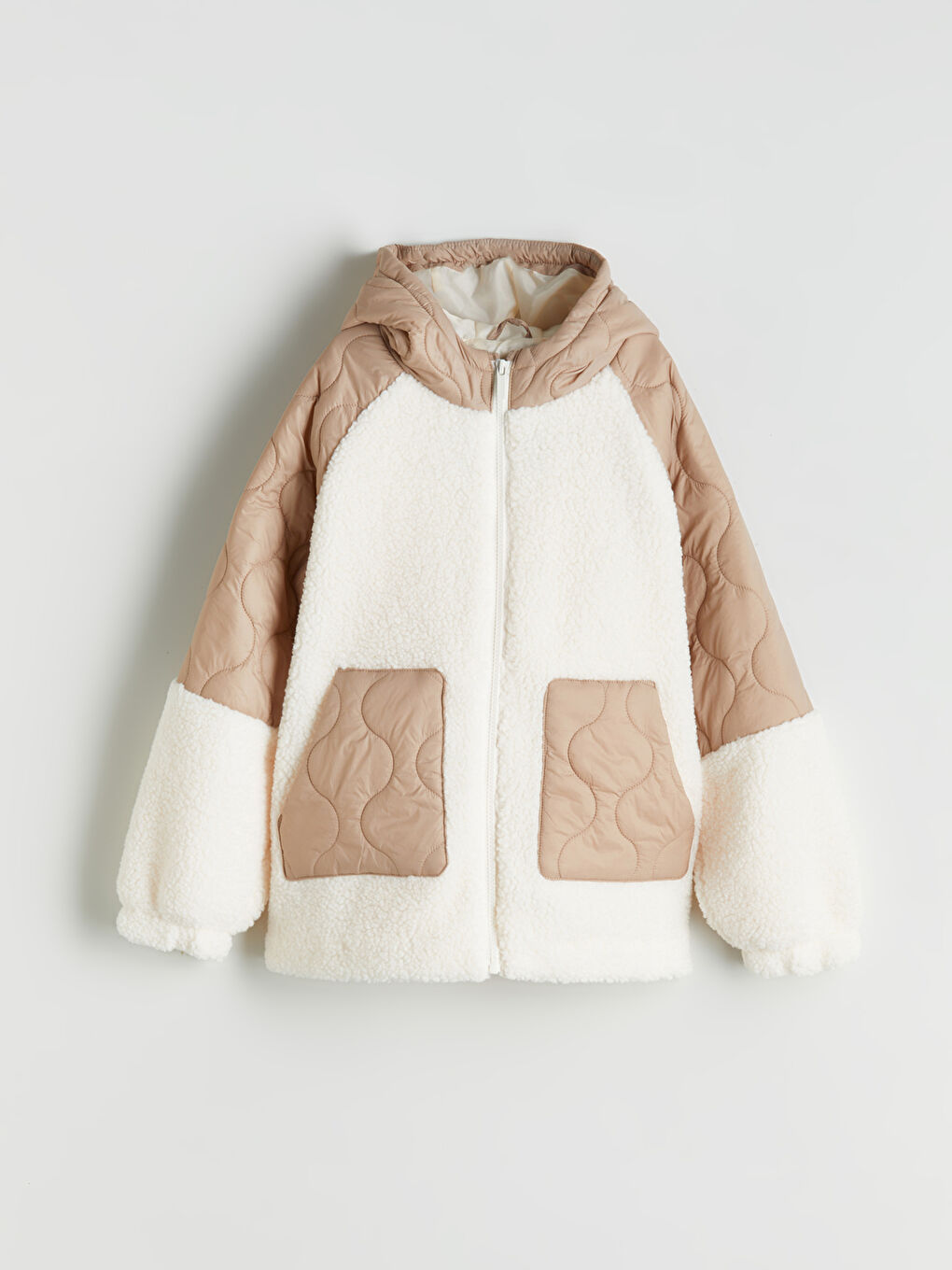 Ekru Kapüşonlu Kız Çocuk Pelüş Mont-2