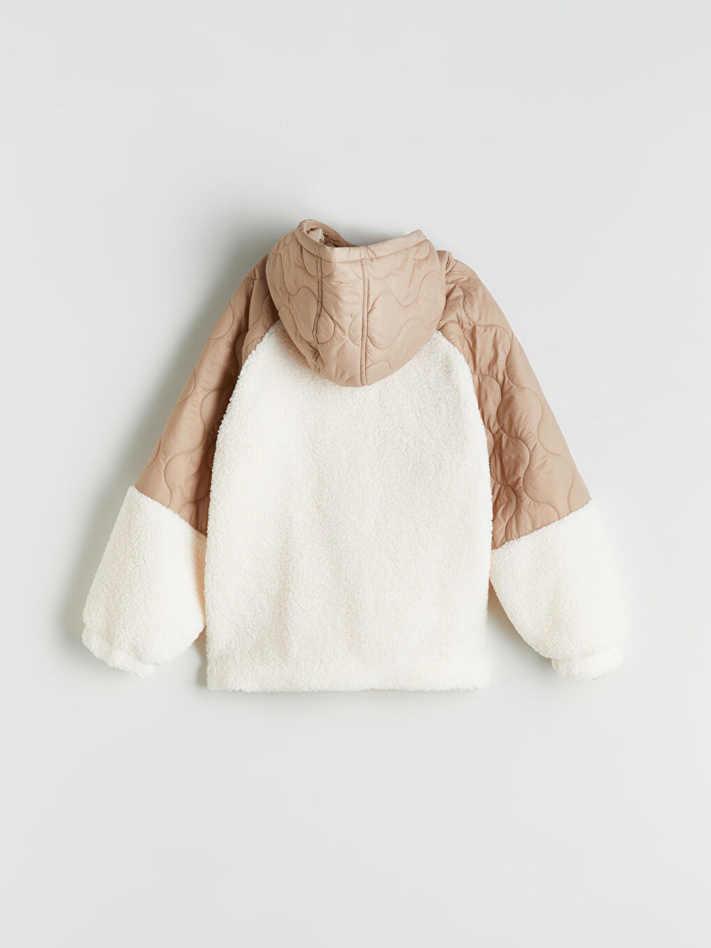 Ekru Kapüşonlu Kız Çocuk Pelüş Mont-4