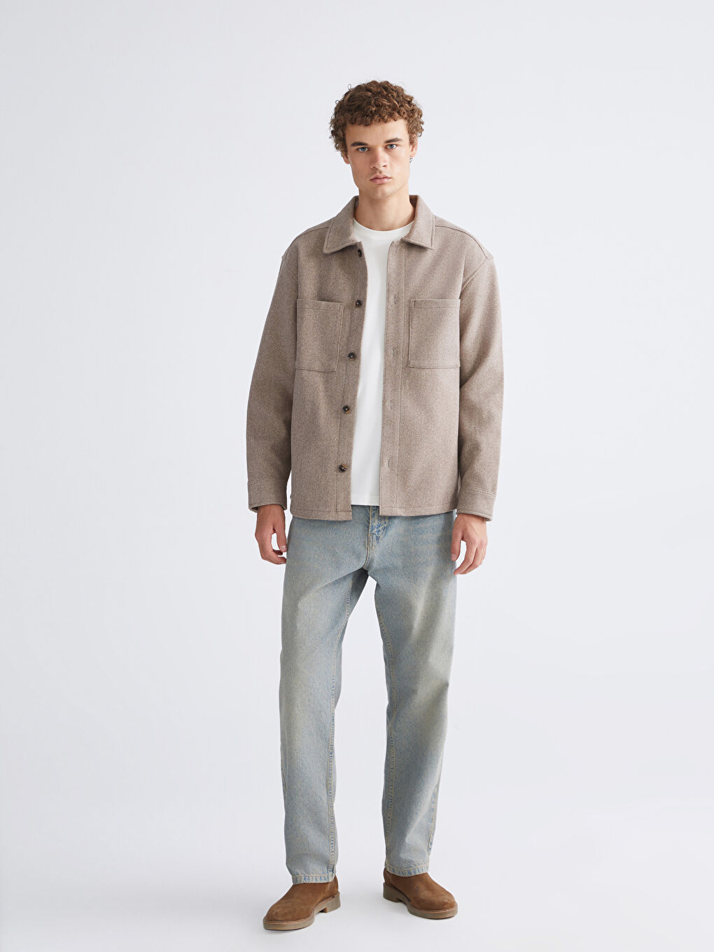 Kahverengi Rahat Kalıp Uzun Kollu Erkek Kaşe Gömlek Ceket-1