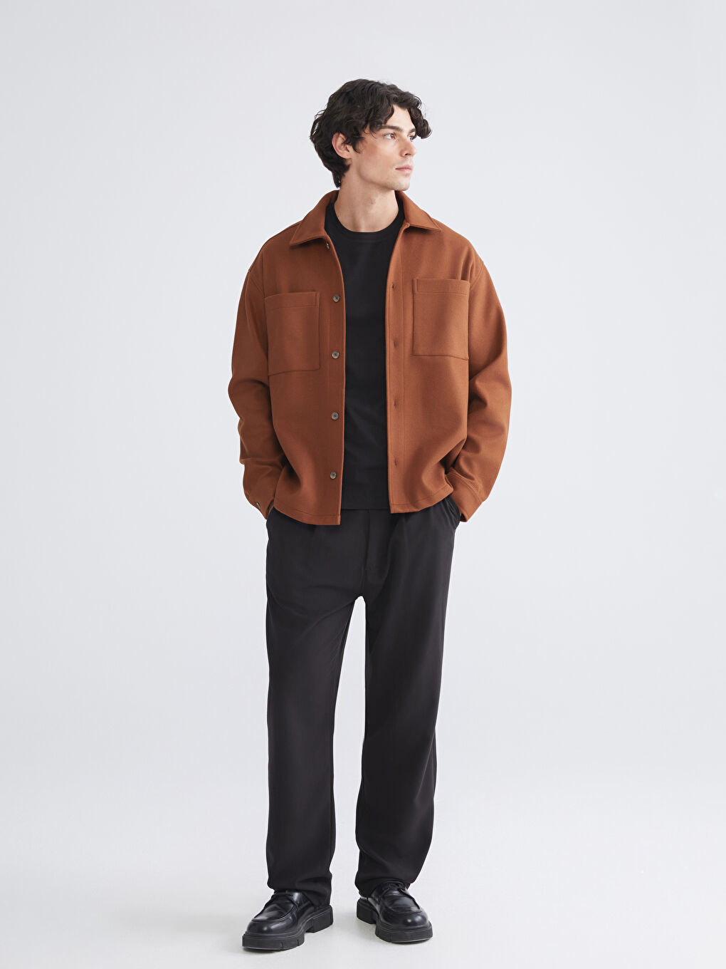 Kahverengi Rahat Kalıp Uzun Kollu Erkek Kaşe Gömlek Ceket-1