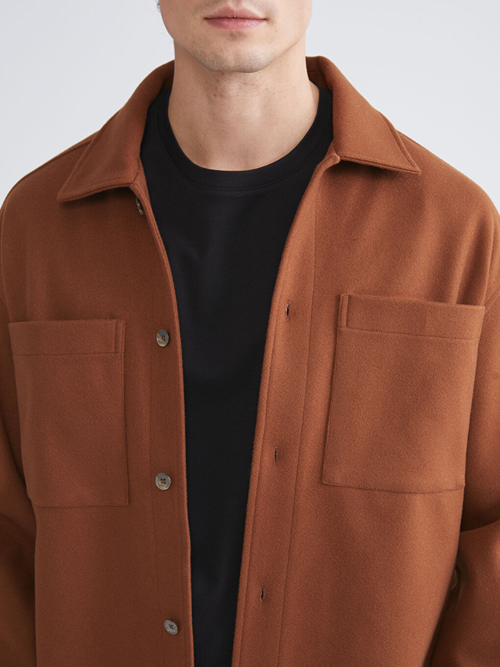 Kahverengi Rahat Kalıp Uzun Kollu Erkek Kaşe Gömlek Ceket-2