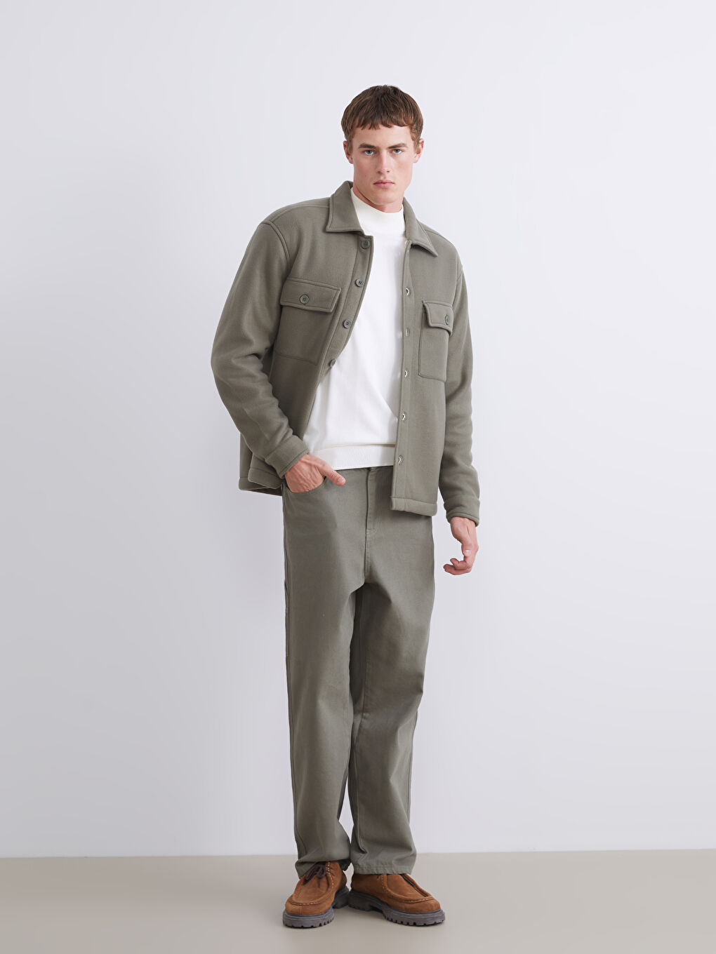 Haki Rahat Kalıp Uzun Kollu Erkek Gömlek Ceket-1