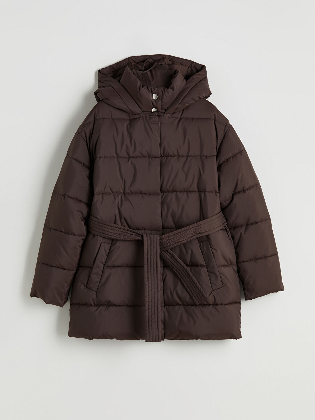 Kahverengi Kapüşonlu Beli Kuşaklı Kadın Şişme Mont-5