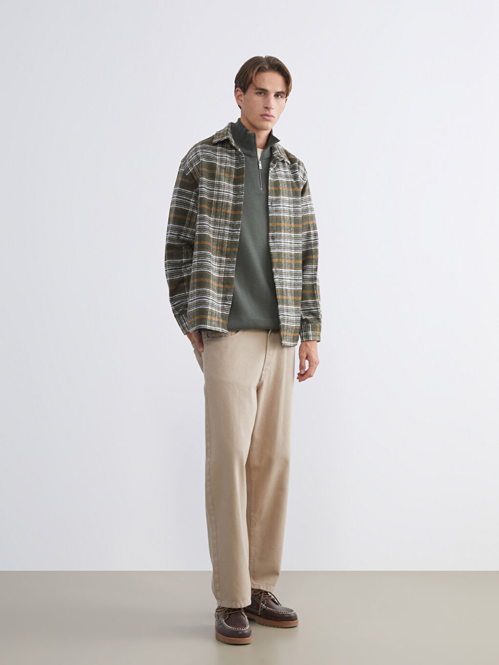 Haki Rahat Kalıp Uzun Kollu Ekose Erkek Oduncu Gömlek Ceket-1