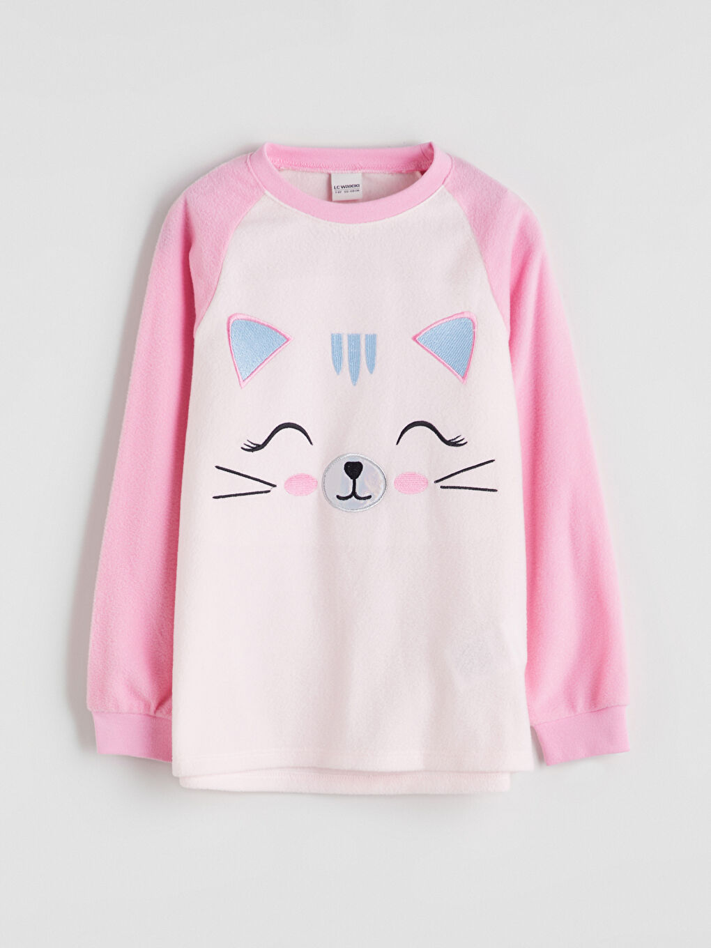 Pembe Bisiklet Yaka Nakışlı Kız Çocuk Polar Pijama Üst