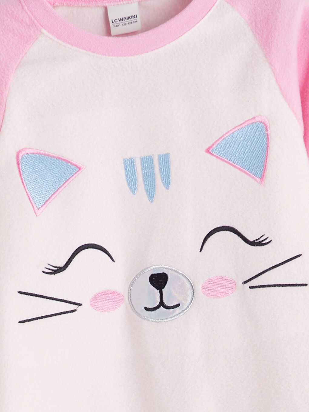 Pembe Bisiklet Yaka Nakışlı Kız Çocuk Polar Pijama Üst-2