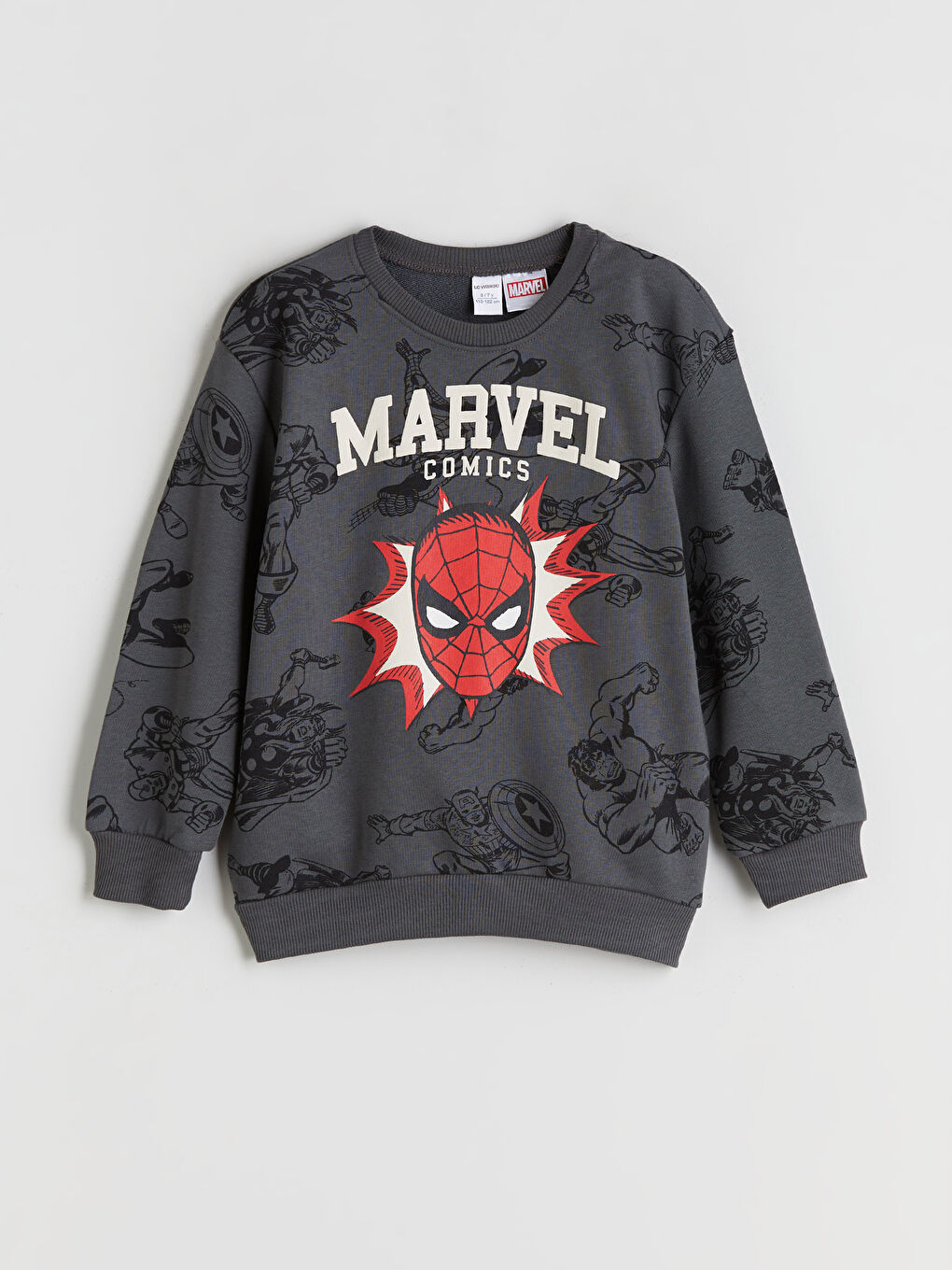 Gri Bisiklet Yaka Spider-Man Baskılı Erkek Çocuk Sweatshirt