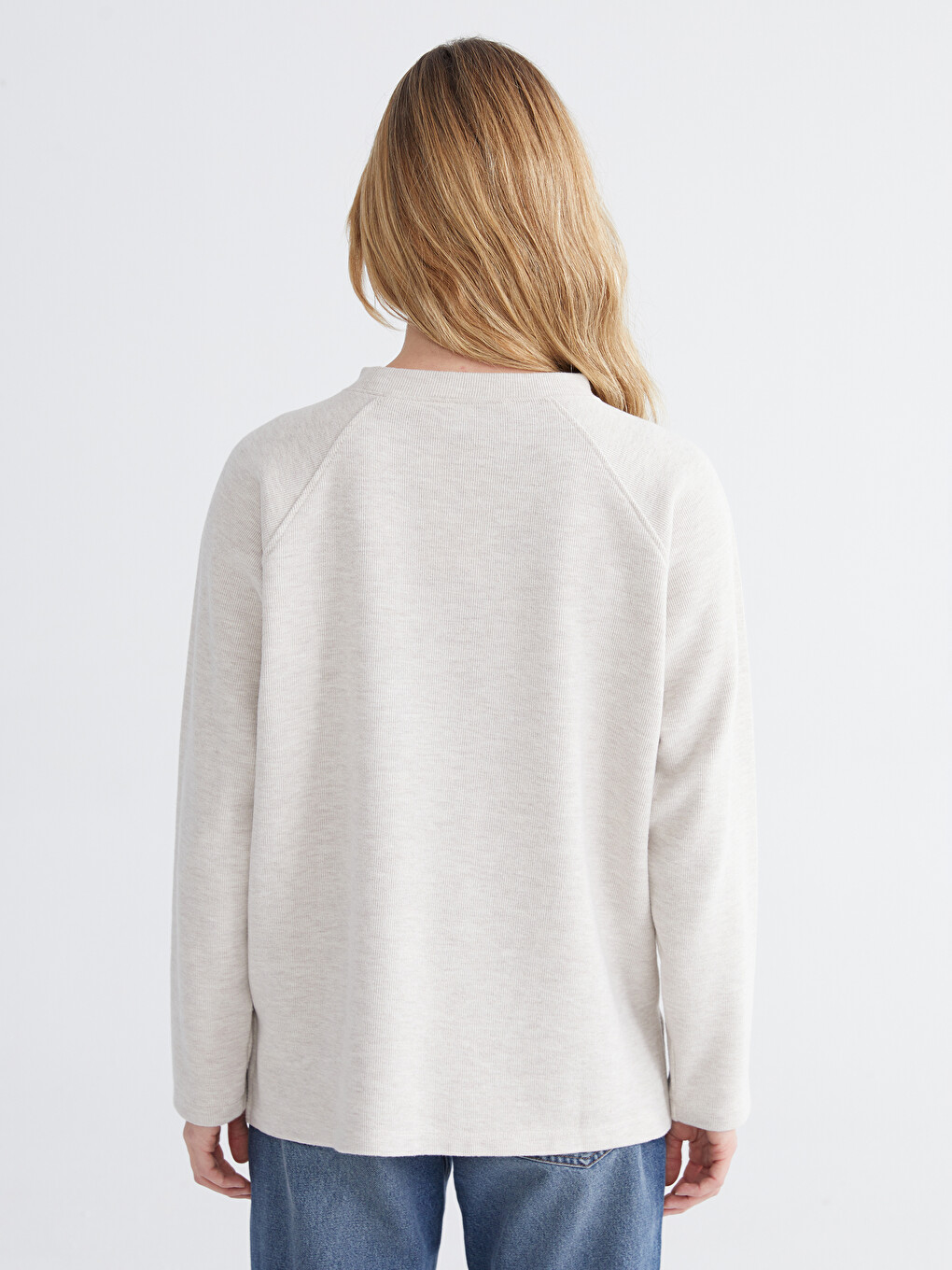 Bej Bisiklet Yaka Kadın Sweatshirt-3