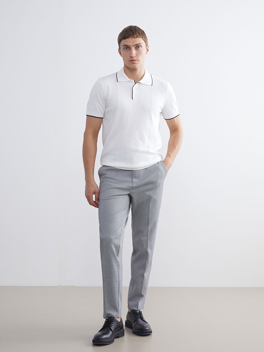 Beyaz Polo Yaka Kısa Kollu Erkek Triko Kazak-1