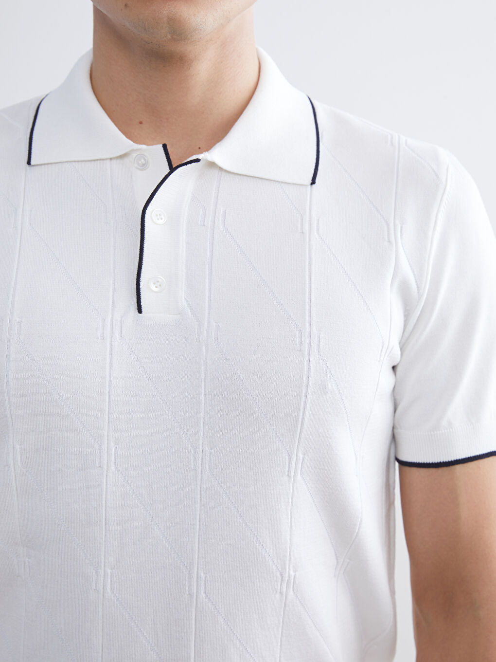 Beyaz Polo Yaka Kısa Kollu Erkek Triko Kazak-2