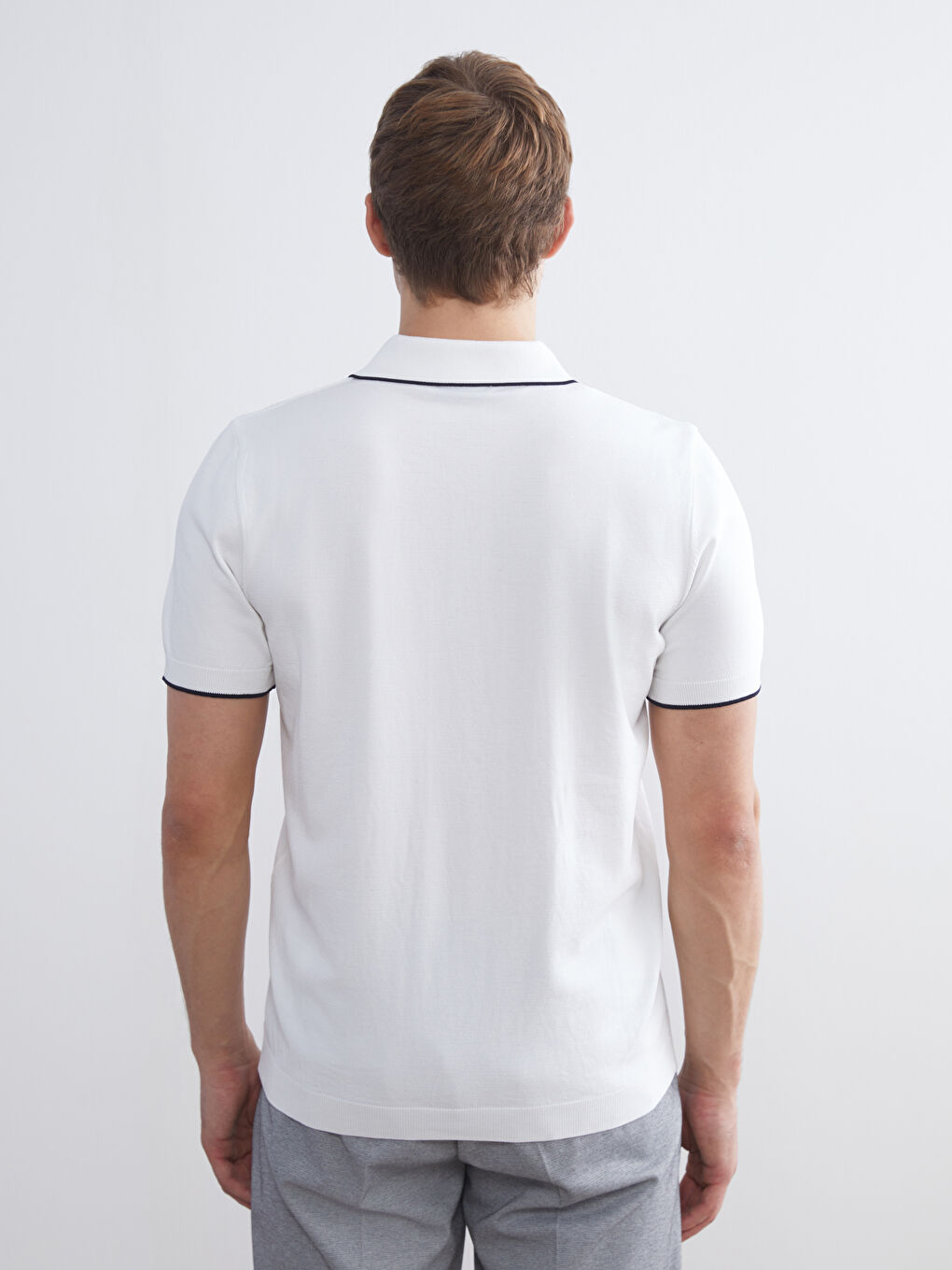 Beyaz Polo Yaka Kısa Kollu Erkek Triko Kazak-3