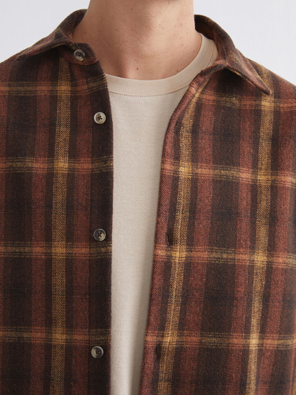 Kahverengi Rahat Kalıp Uzun Kollu Ekose Erkek Oduncu Gömlek-2