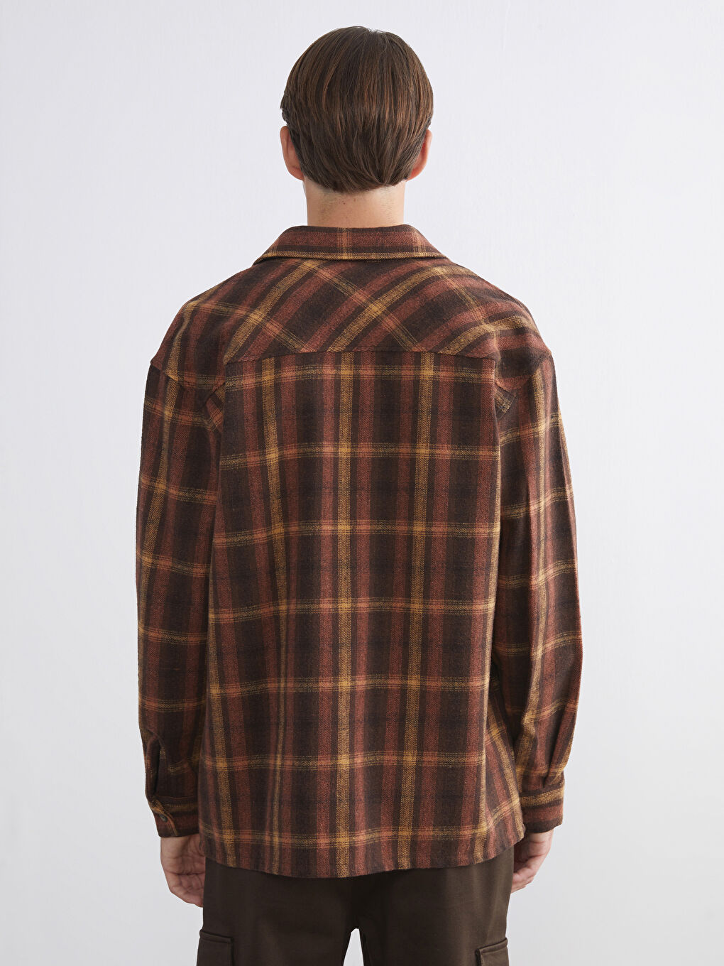 Kahverengi Rahat Kalıp Uzun Kollu Ekose Erkek Oduncu Gömlek-3