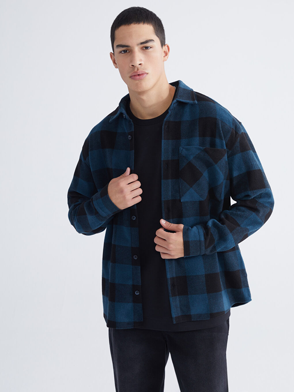 Petrol Rahat Kalıp Uzun Kollu Ekose Erkek Oduncu Gömlek Ceket