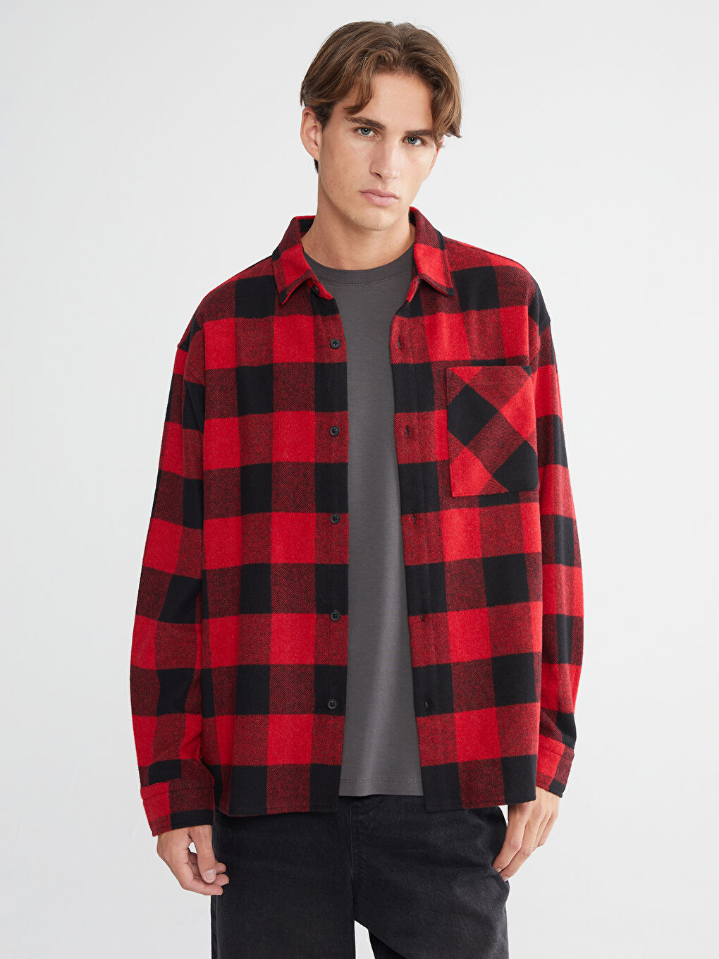 Kırmızı Rahat Kalıp Uzun Kollu Ekose Erkek Oduncu Gömlek Ceket