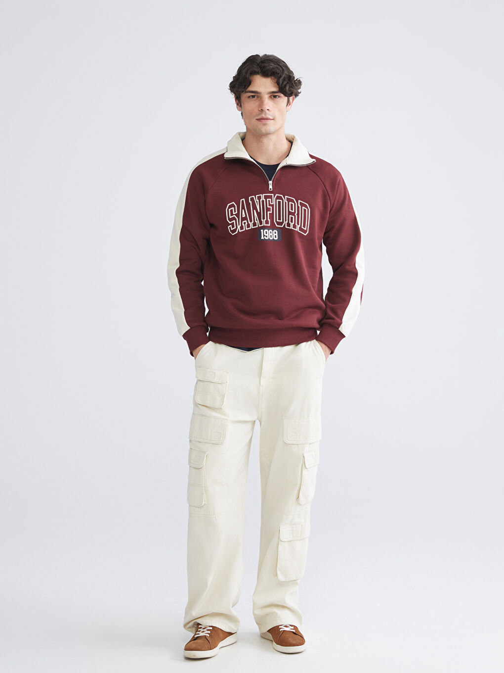 Bordo Dik Yaka Baskılı Erkek Sweatshirt-1