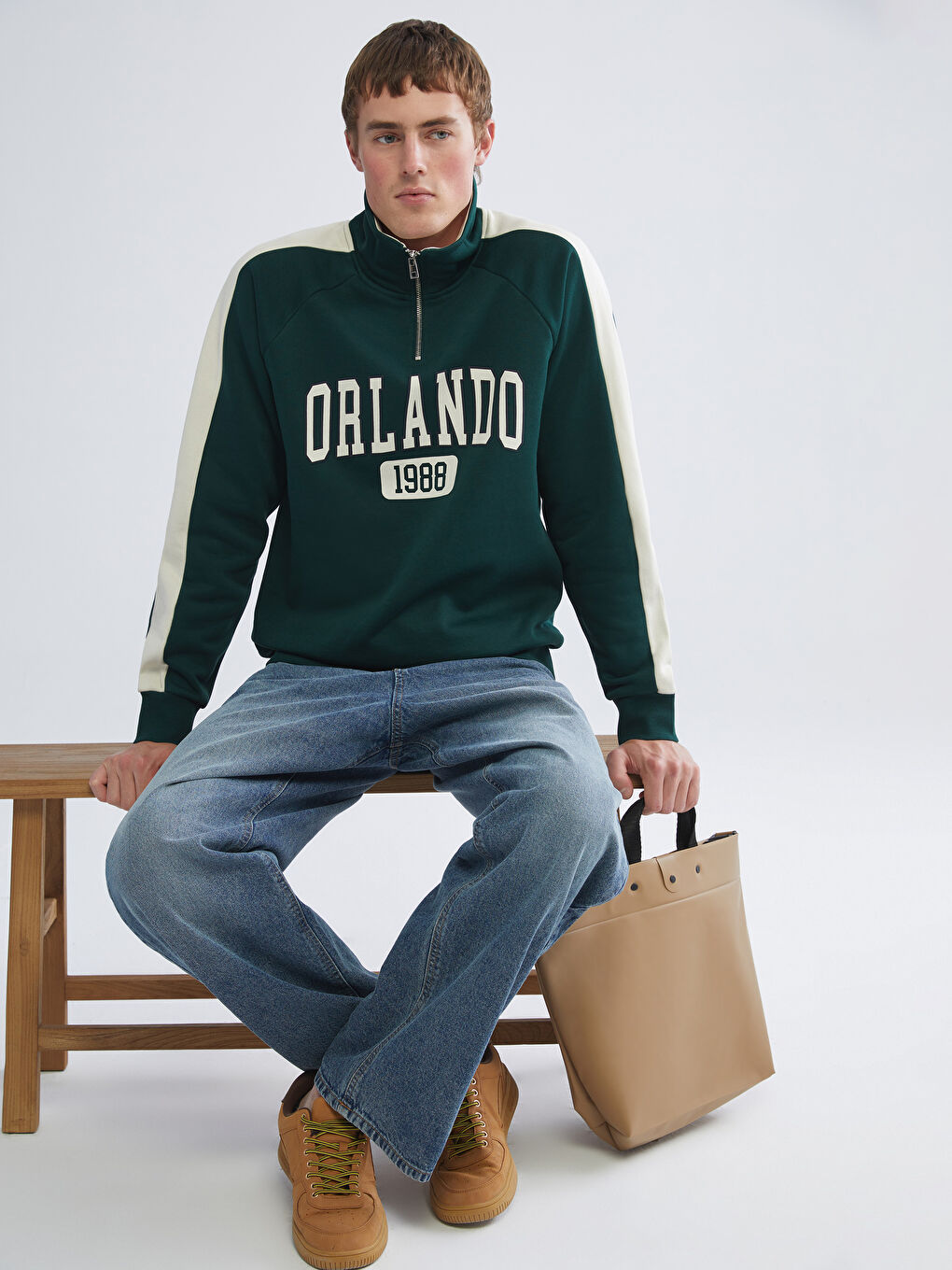 Yeşil Dik Yaka Baskılı Erkek Sweatshirt