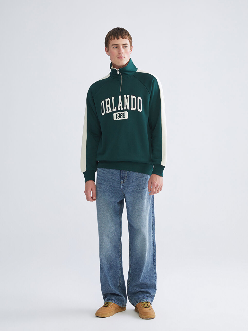 Yeşil Dik Yaka Baskılı Erkek Sweatshirt-1