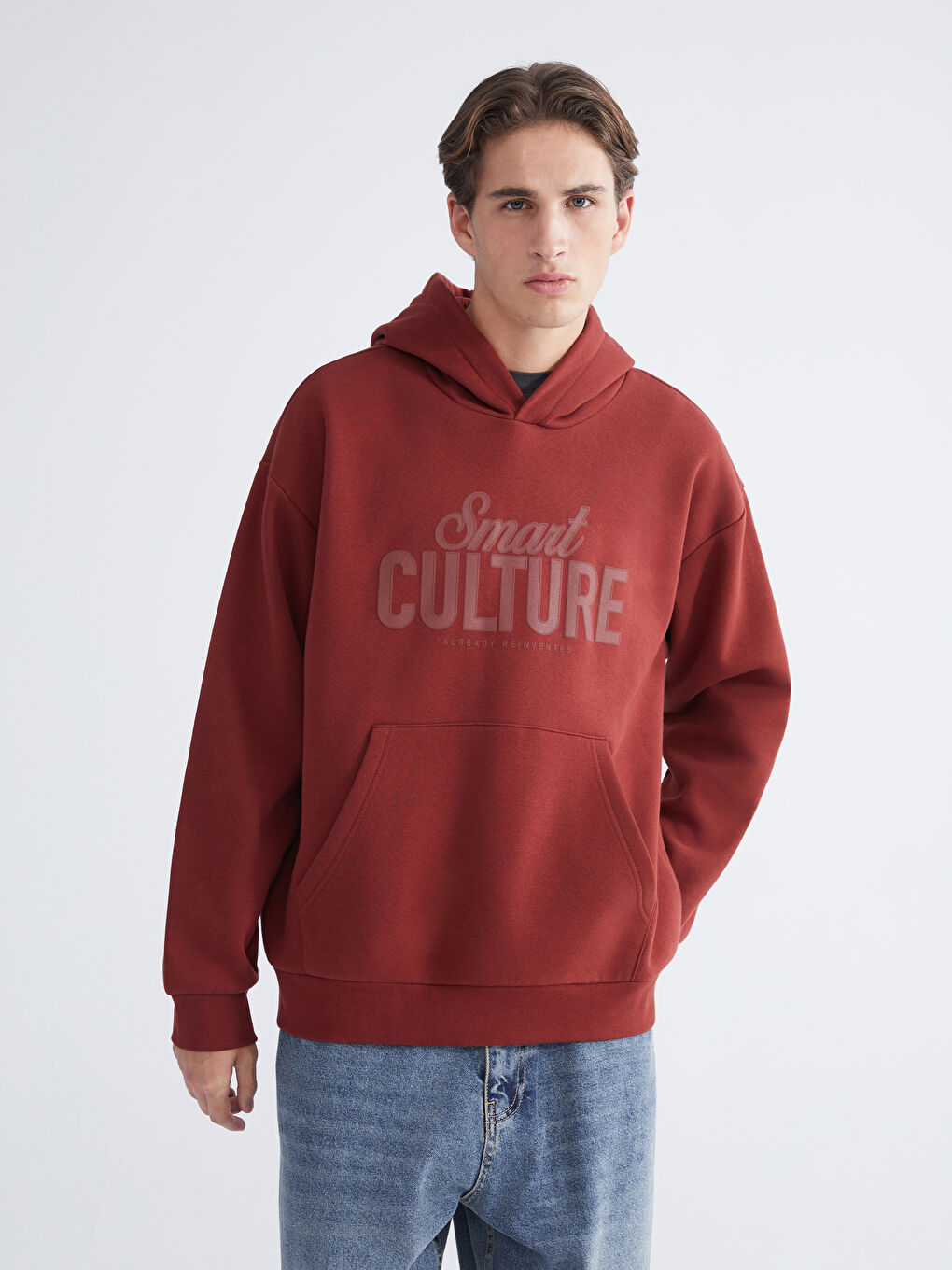 Bordo Baskılı Erkek Kalın Hoodie