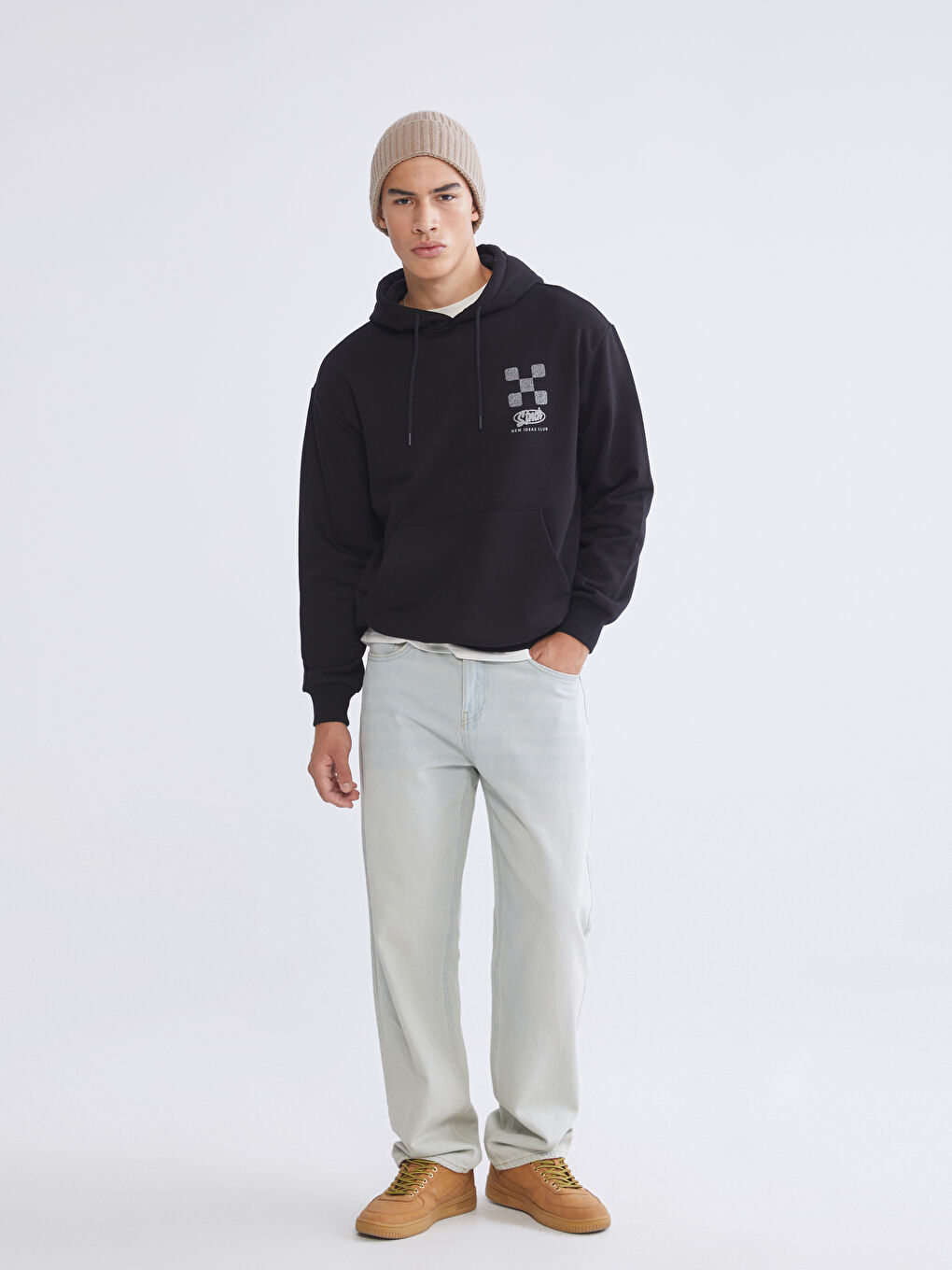 Siyah Baskılı Erkek Kalın Hoodie-1