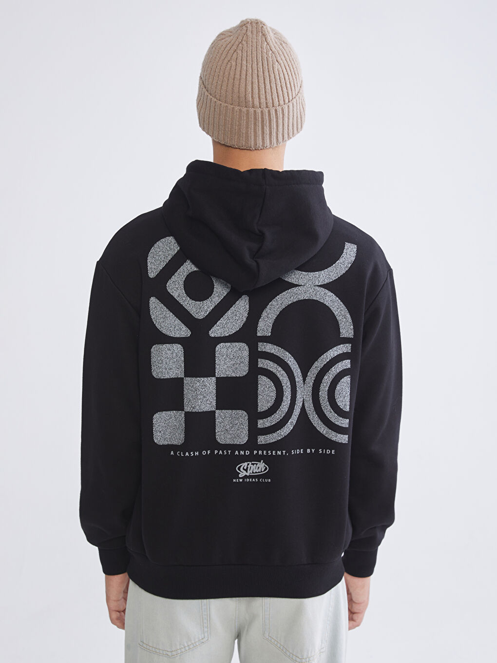 Siyah Baskılı Erkek Kalın Hoodie-3