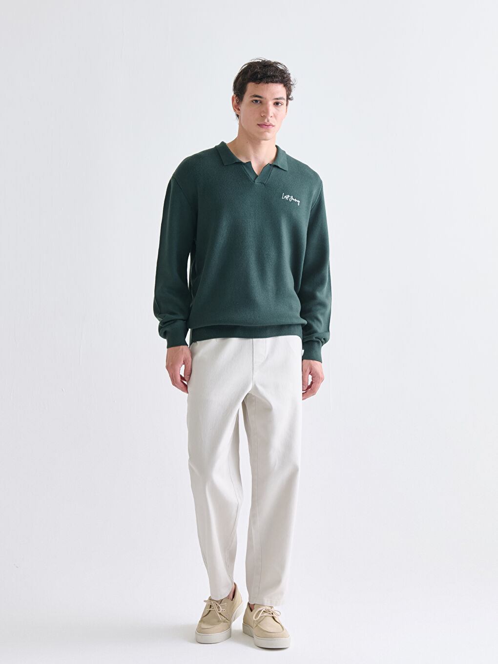 Yeşil Polo Yaka Erkek Triko Kazak-1