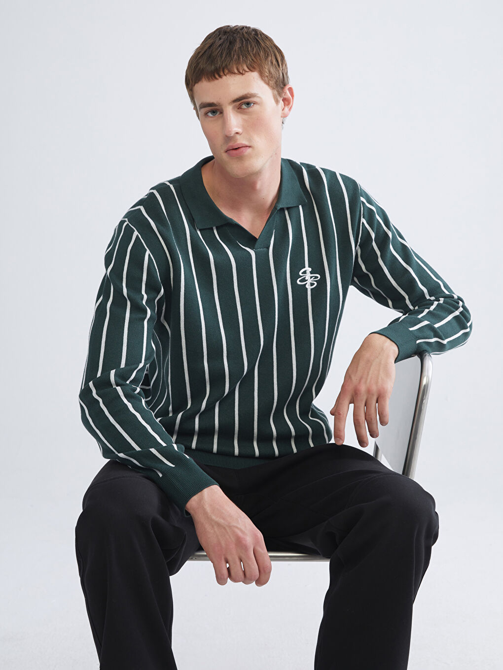 Polo Neck Long Sleeve Striped Men's Knitwear Sweater-1