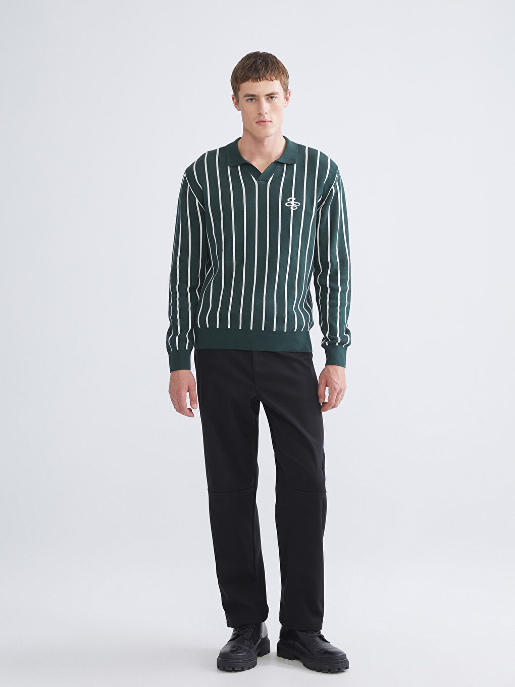 Polo Neck Long Sleeve Striped Men's Knitwear Sweater-2