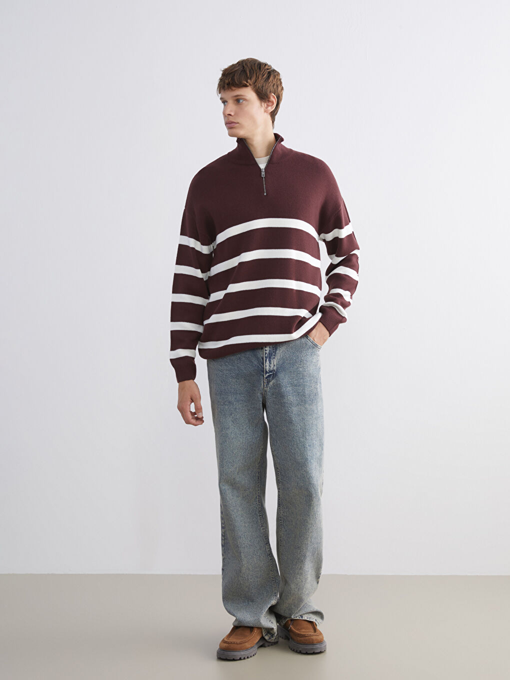 Bordo Fermuarlı Dik Yaka Çizgili Erkek Triko Kazak-1