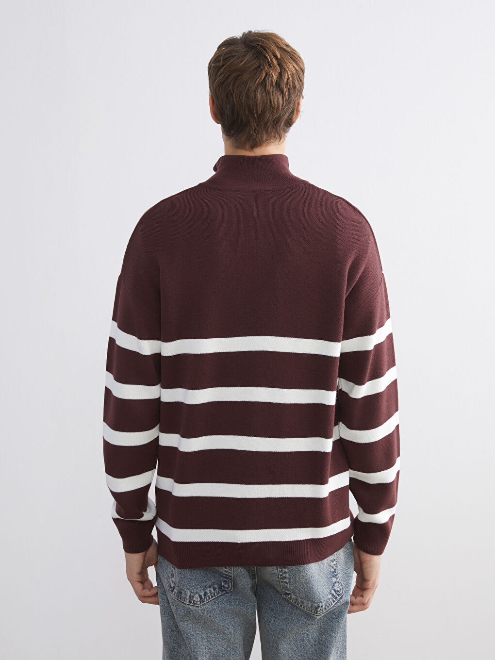 Bordo Fermuarlı Dik Yaka Çizgili Erkek Triko Kazak-3