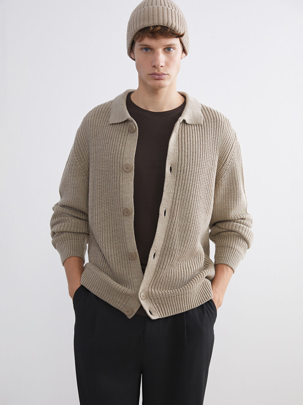 Bej Standart Kalıp Polo Yaka Erkek Triko Hırka