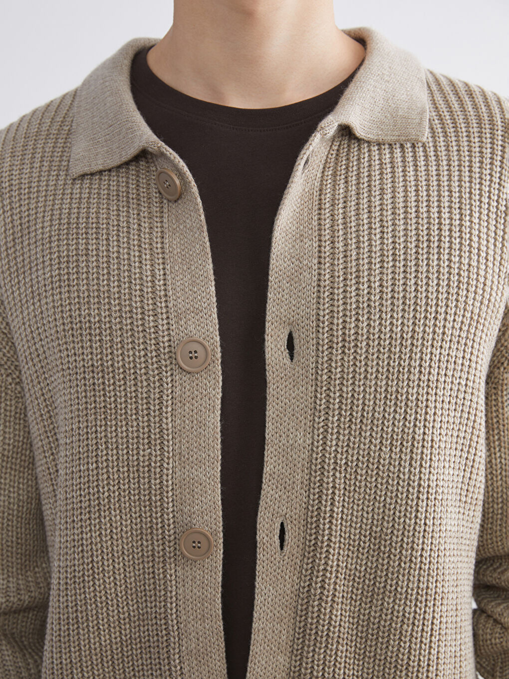 Bej Standart Kalıp Polo Yaka Erkek Triko Hırka-2