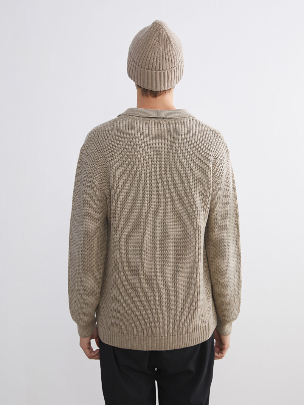 Bej Standart Kalıp Polo Yaka Erkek Triko Hırka-3