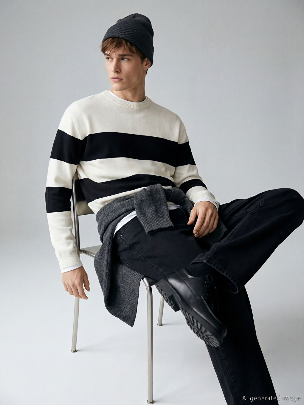 Pulover Tricotat Pentru Bărbați Cu Mânecă Lungă și Guler Rotund, Vărgat