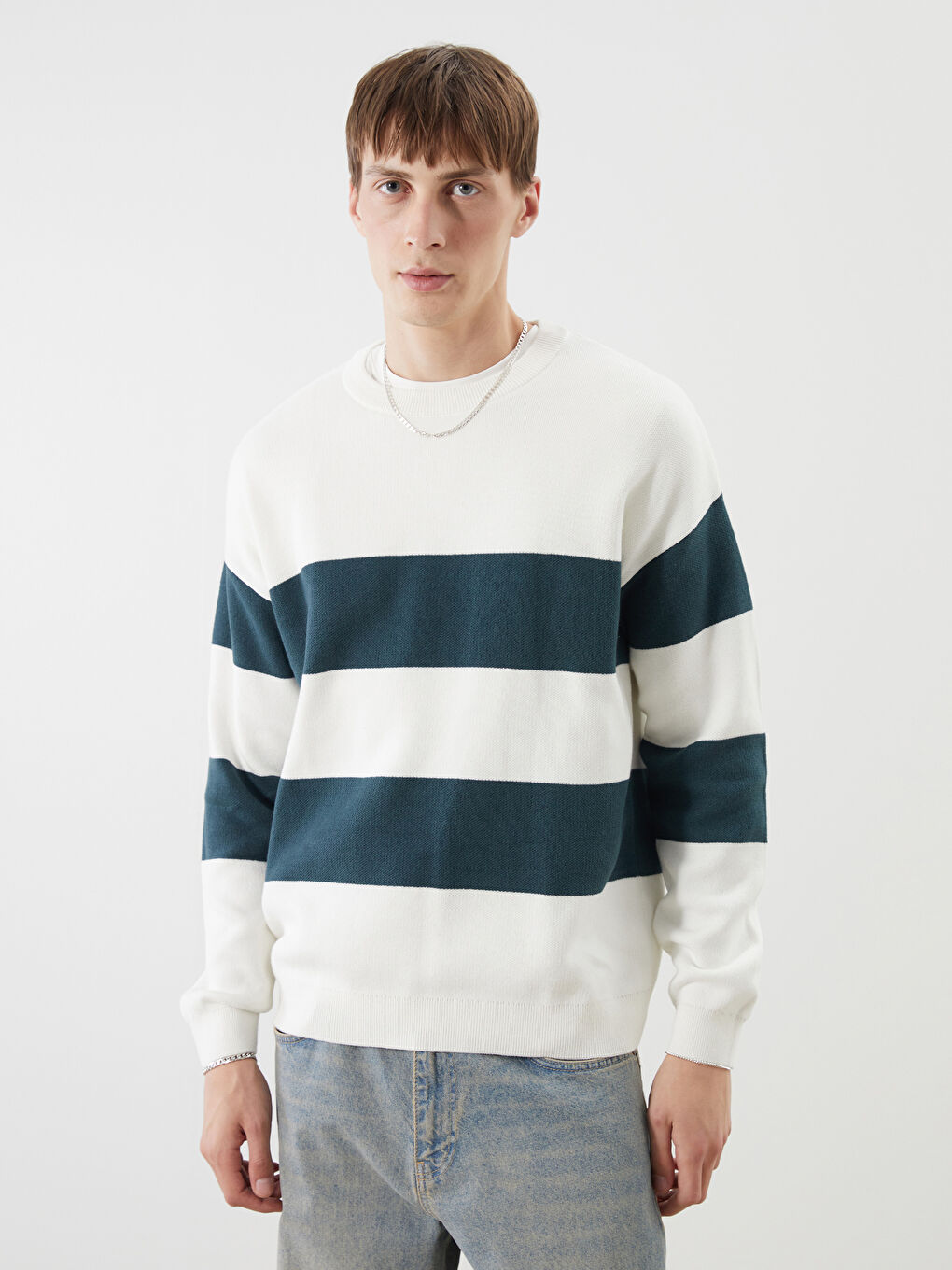 Crew Neck Long Sleeve Striped Men's Knitwear Sweater-1