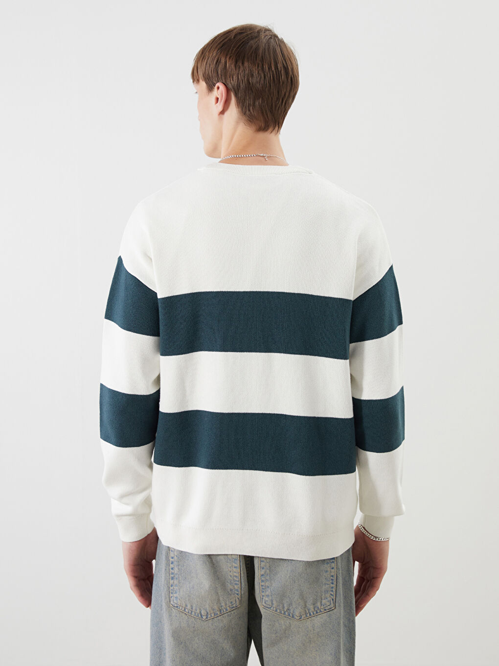 Crew Neck Long Sleeve Striped Men's Knitwear Sweater-6