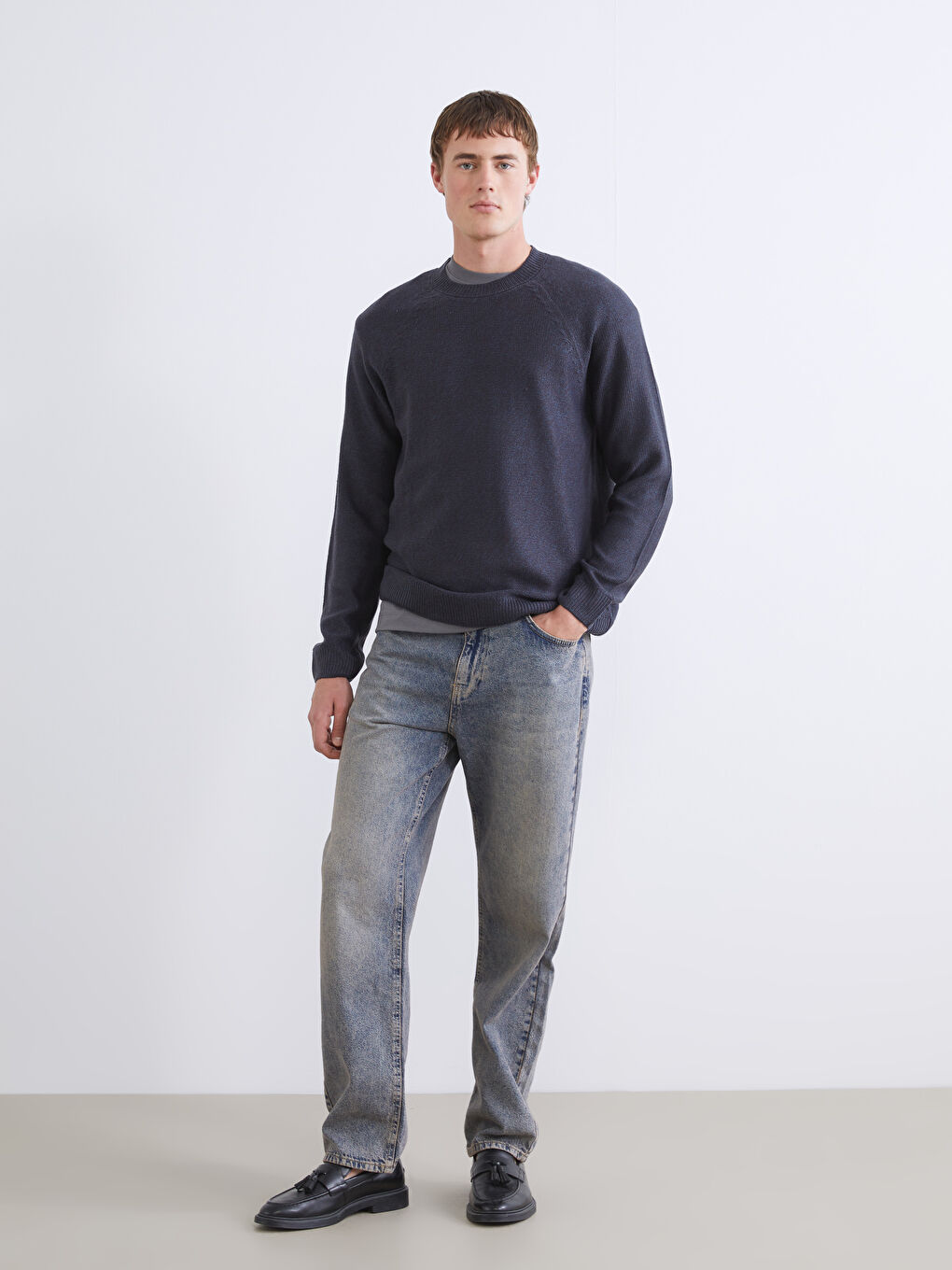 Crew Neck Long Sleeve Men's Tricot Sweater-1