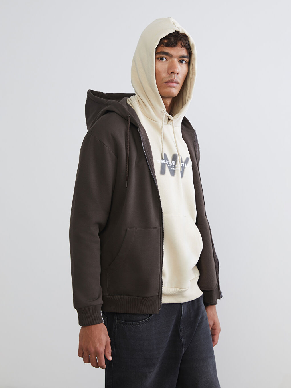 Kahverengi Kapüşonlu Erkek Fermuarlı Sweatshirt