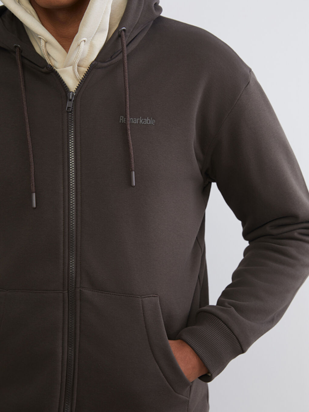 Kahverengi Kapüşonlu Erkek Fermuarlı Sweatshirt-2
