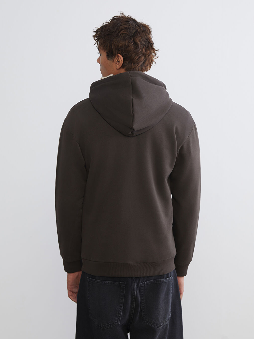 Kahverengi Kapüşonlu Erkek Fermuarlı Sweatshirt-3