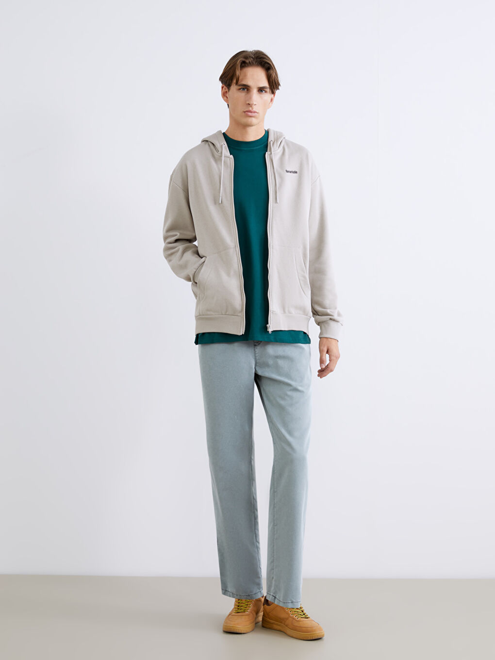 Bej Kapüşonlu Erkek Fermuarlı Sweatshirt-1