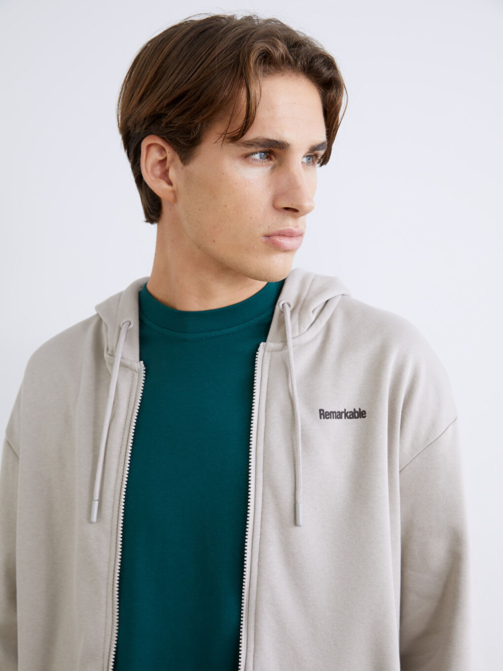 Bej Kapüşonlu Erkek Fermuarlı Sweatshirt-2